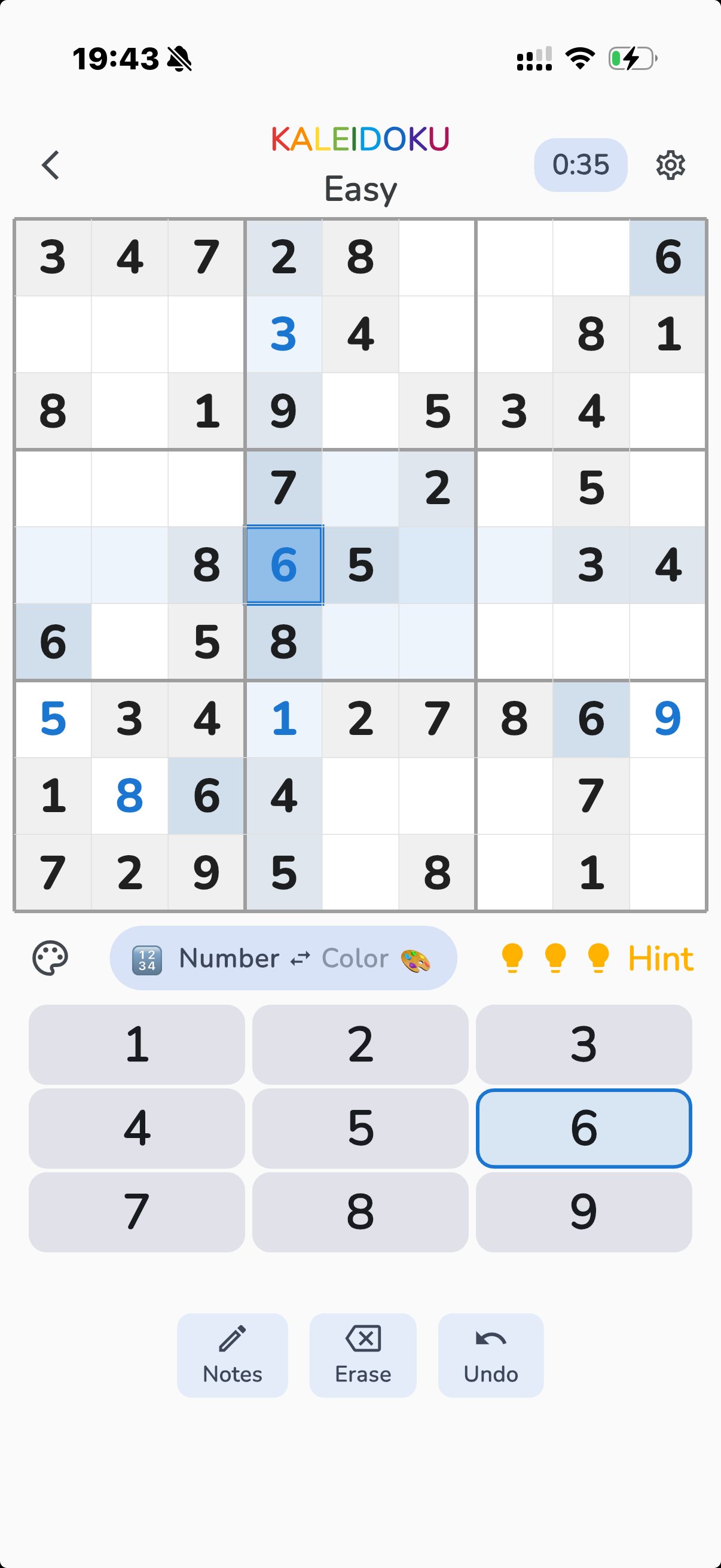 Kaleidoku — number mode puzzle grid